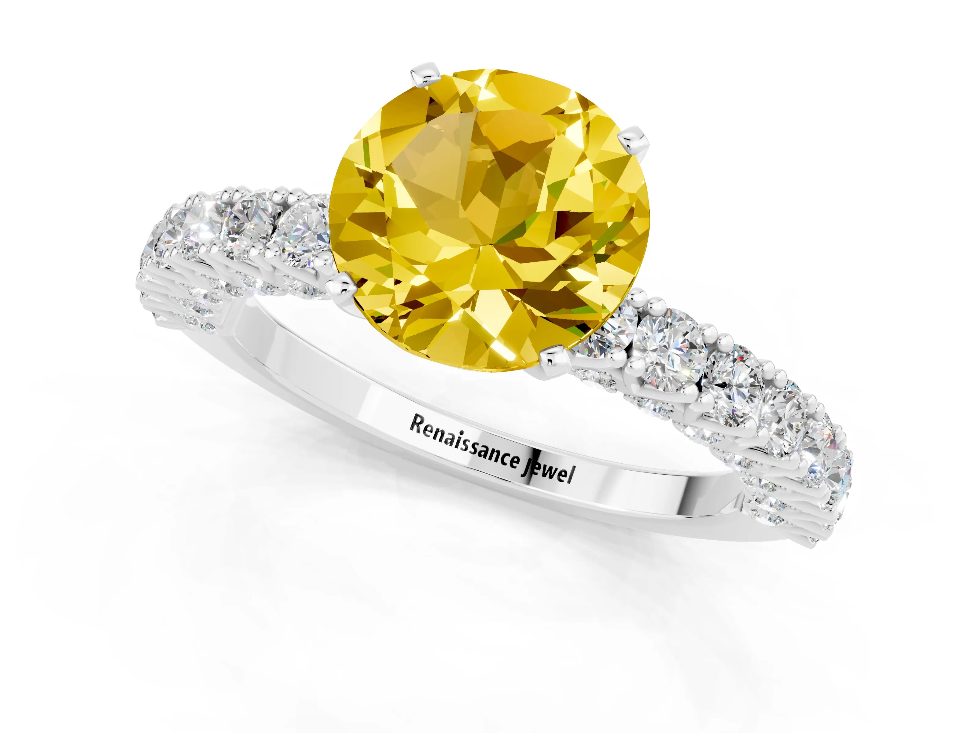 White gold Round Cut Diamond Pavé Band Solitaire Ring with Prong Setting_25