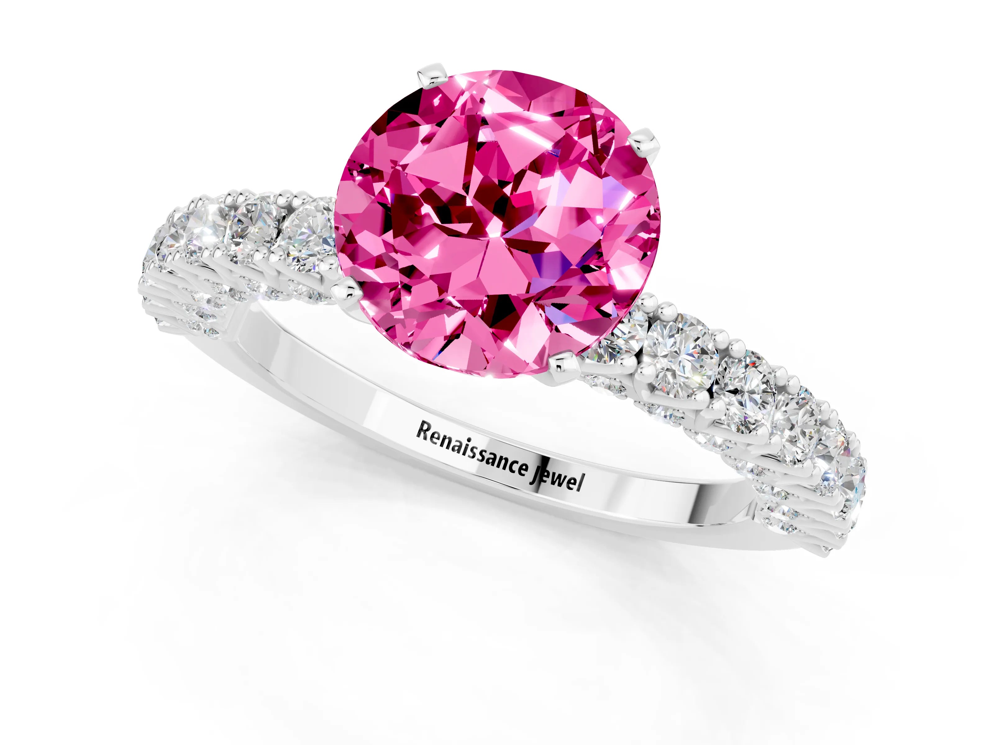 White gold Round Cut Diamond Pavé Band Solitaire Ring with Prong Setting_25