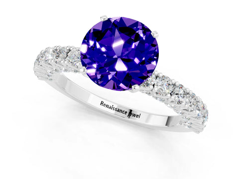 White gold Round Cut Diamond Pavé Band Solitaire Ring with Prong Setting_25