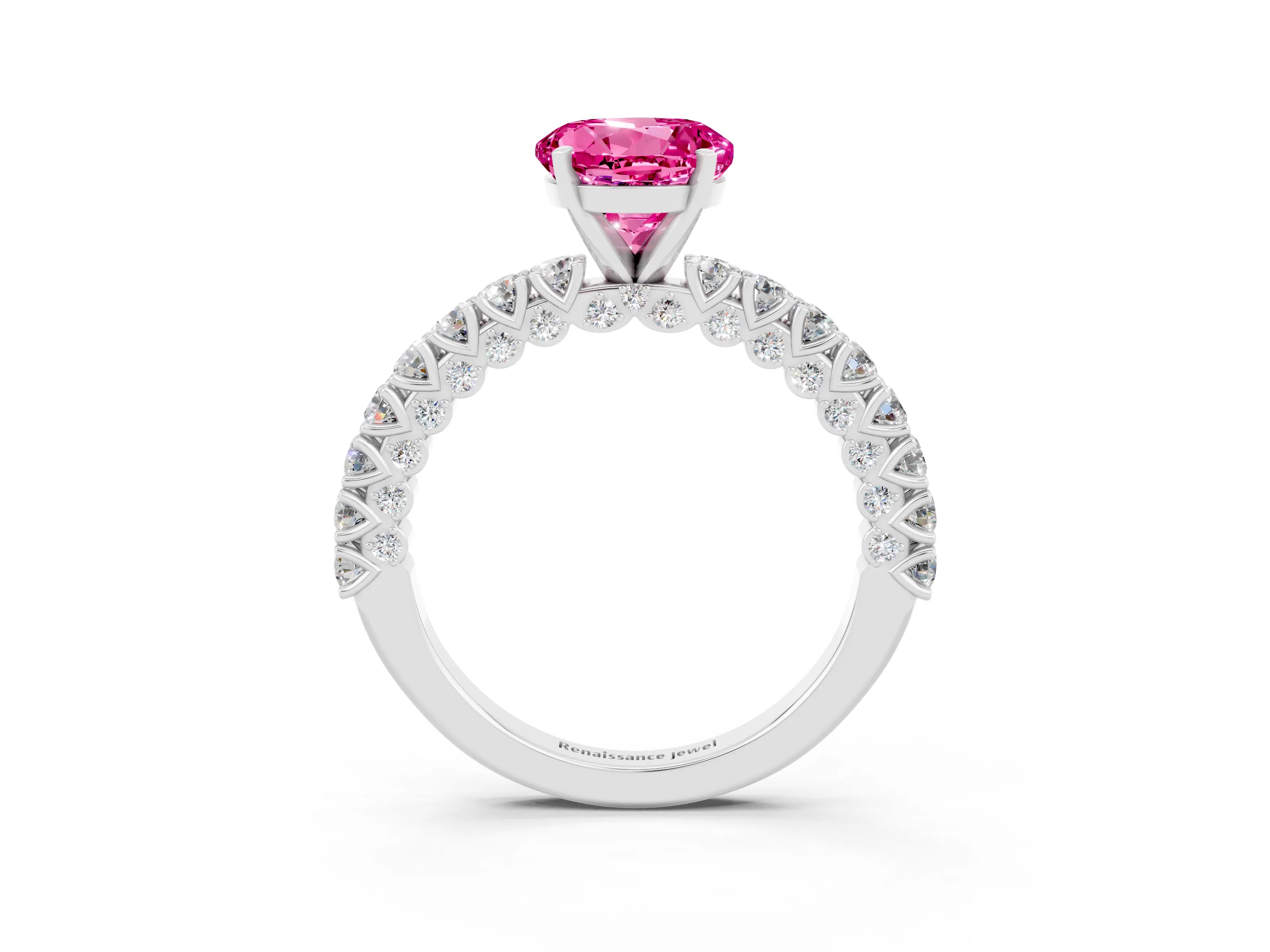 White gold Round Cut Diamond Pavé Band Solitaire Ring with Prong Setting_27