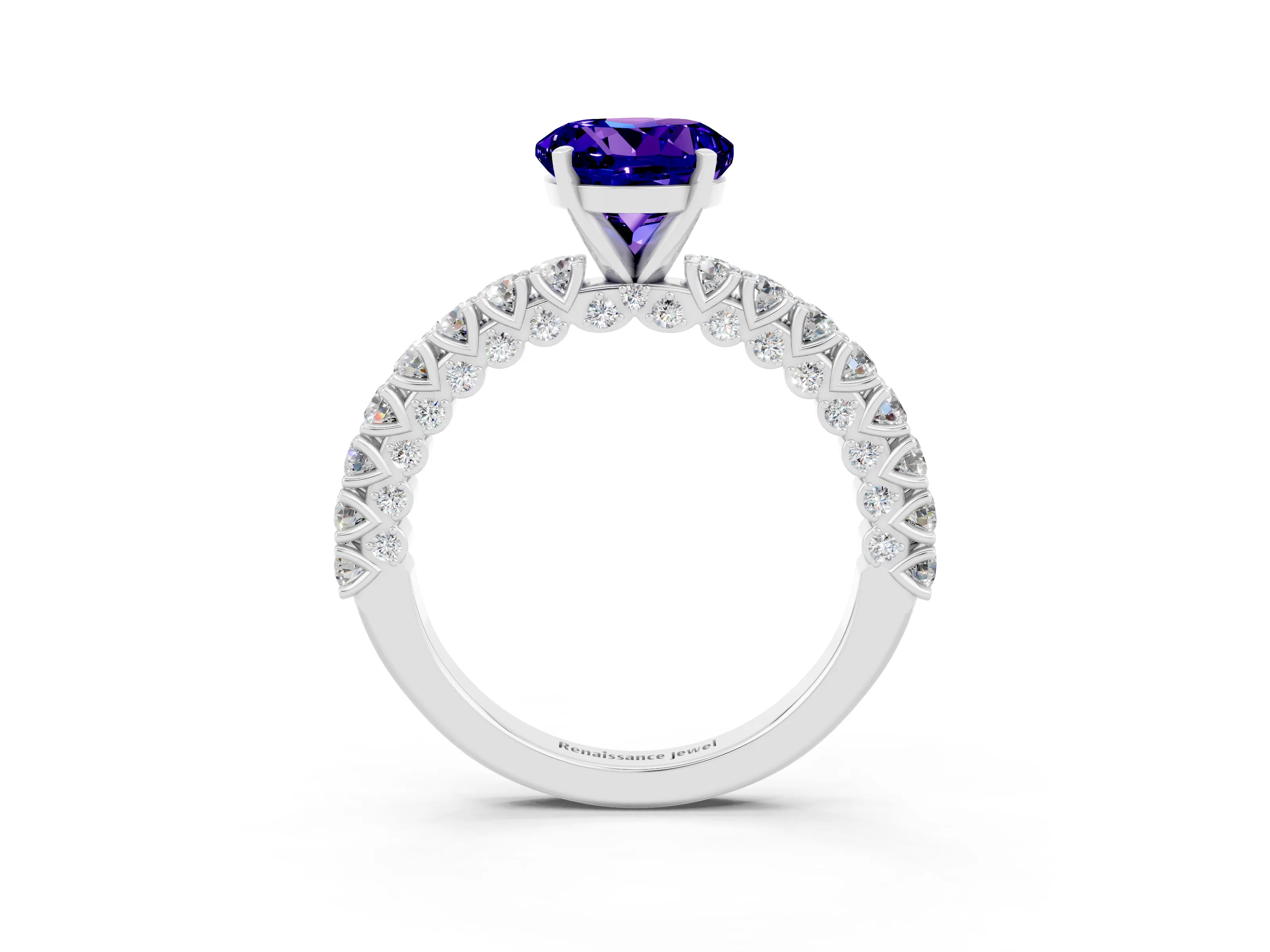 White gold Round Cut Diamond Pavé Band Solitaire Ring with Prong Setting_27