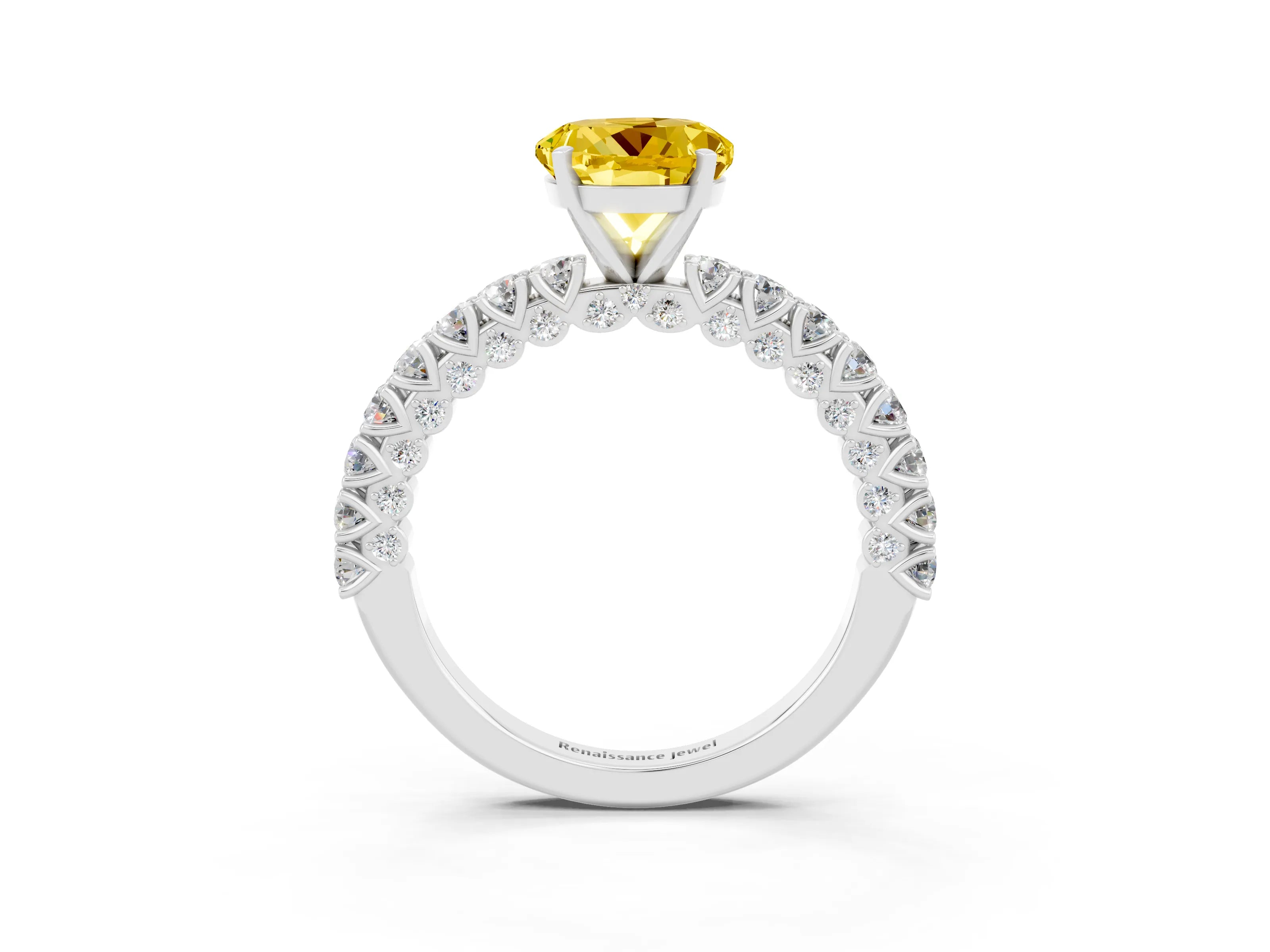 White gold Round Cut Diamond Pavé Band Solitaire Ring with Prong Setting_27