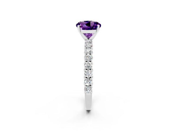 Silver Round Cut Amethyst Solitaire Ring with Round Accent Pavé Band and Prong Setting