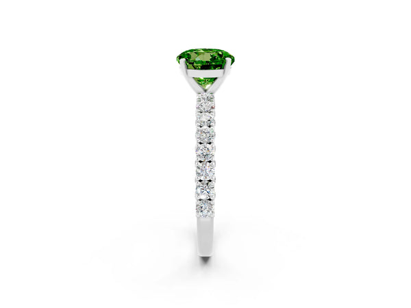 Silver Round Cut Diamond Pavé Band Solitaire Ring with Prong Setting