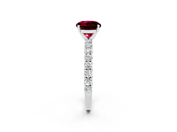 White gold Round Cut Diamond Pavé Band Solitaire Ring with Prong Setting