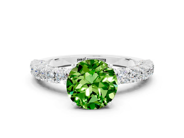 White gold Round Cut Diamond Pavé Band Solitaire Ring with Prong Setting