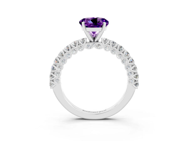 Silver Round Cut Amethyst Solitaire Ring with Round Accent Pavé Band and Prong Setting