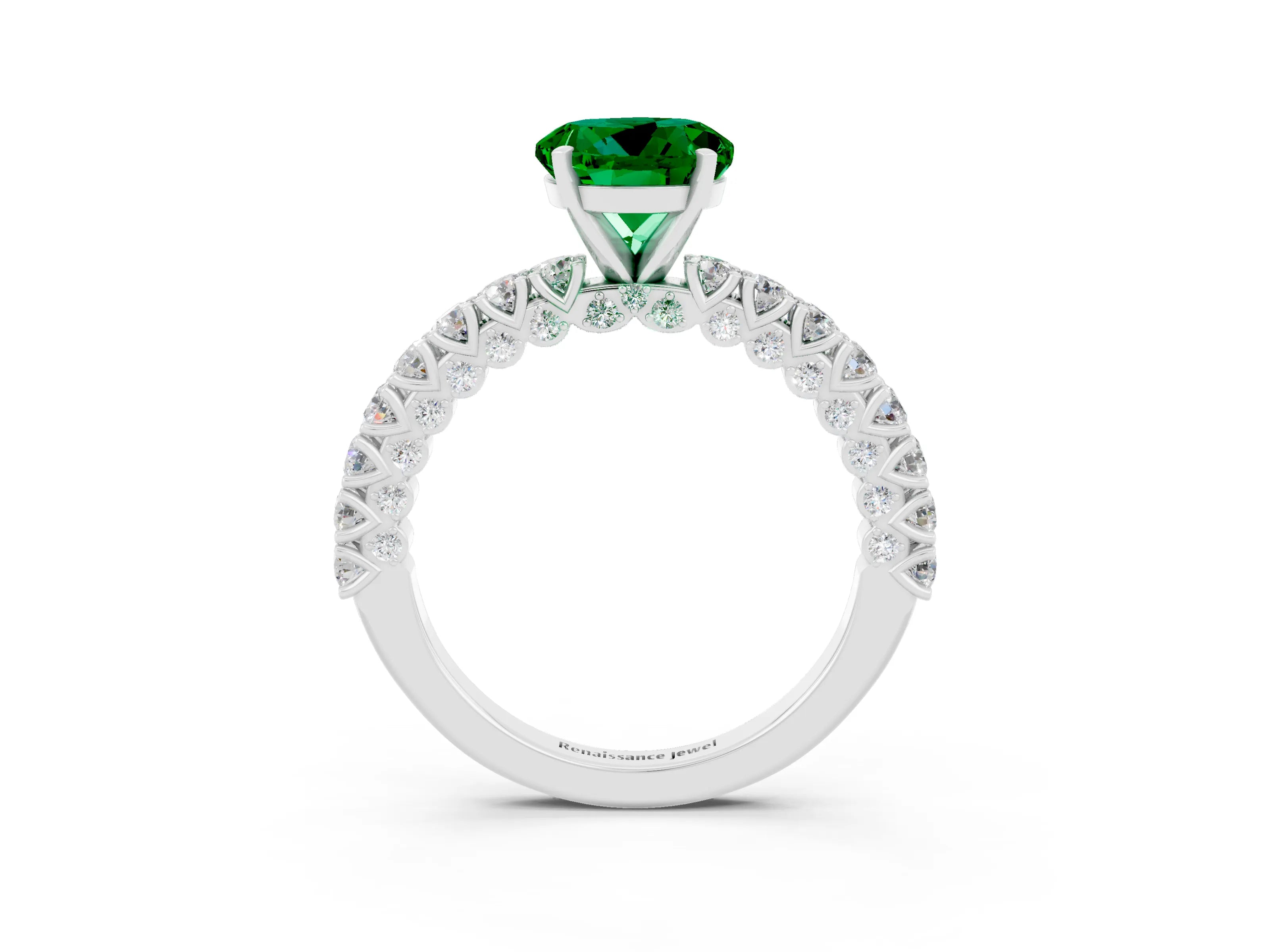White gold Round Cut Diamond Pavé Band Solitaire Ring with Prong Setting_3