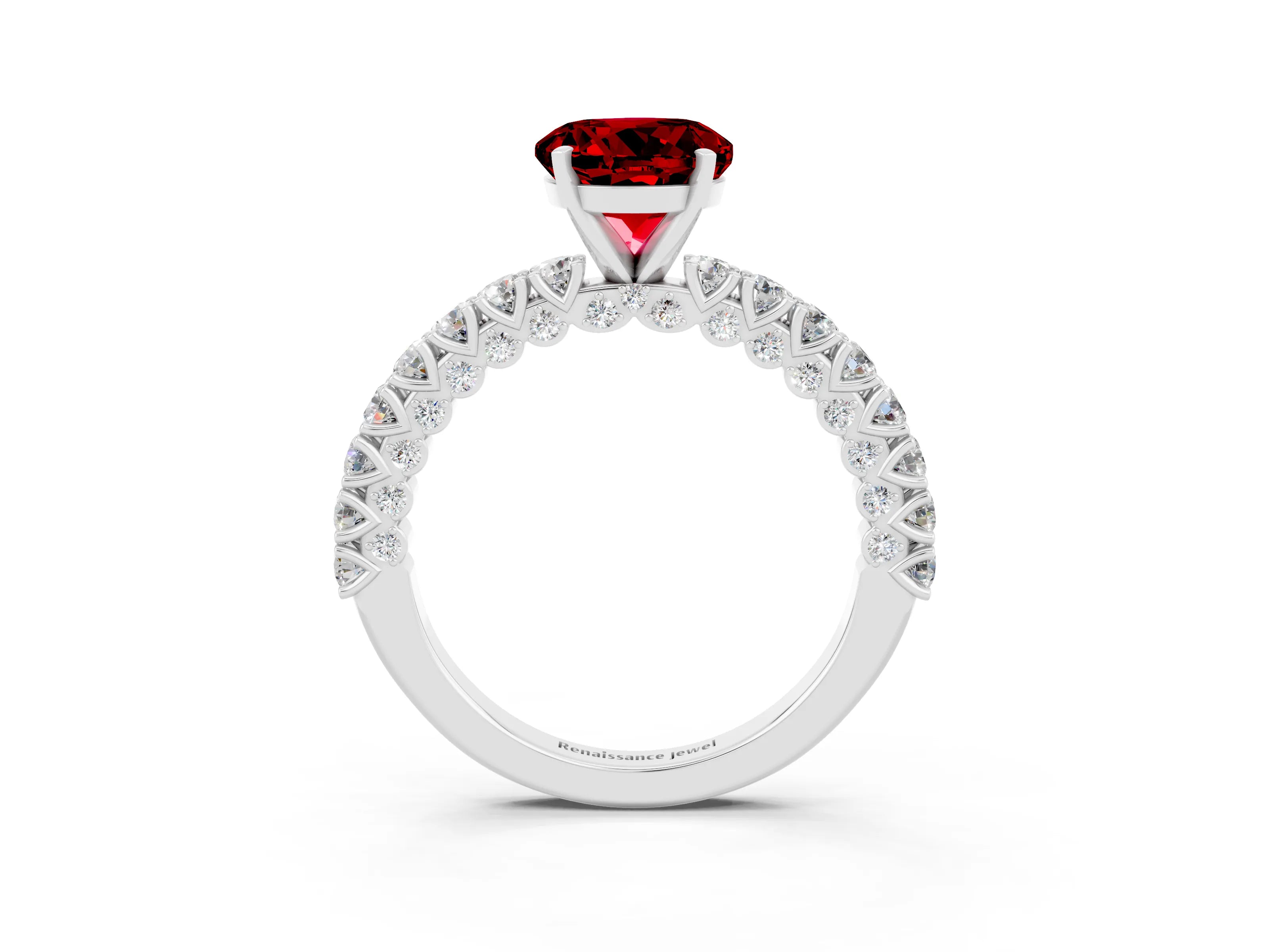 White gold Round Cut Diamond Pavé Band Solitaire Ring with Prong Setting_3