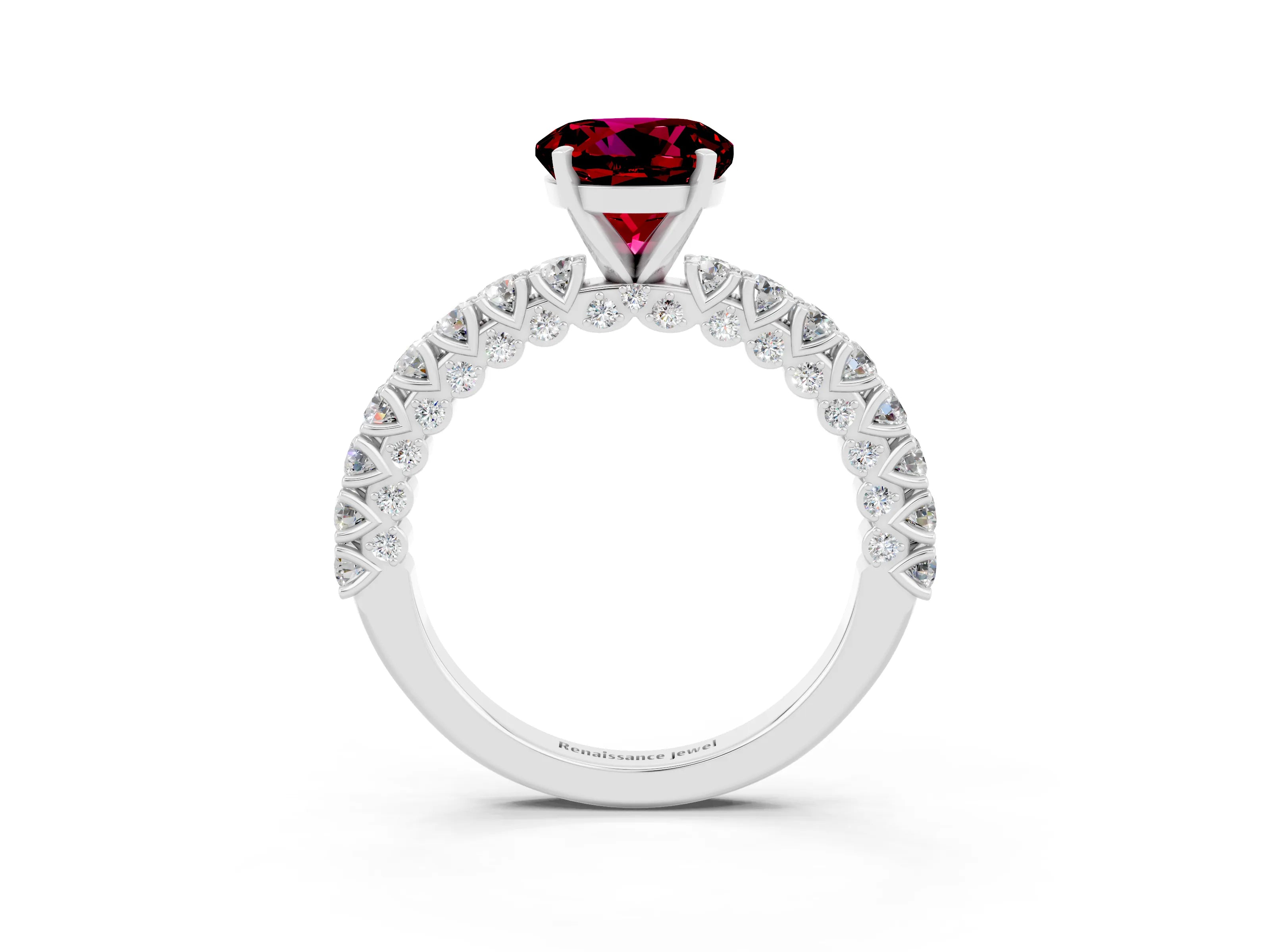 White gold Round Cut Diamond Pavé Band Solitaire Ring with Prong Setting_3