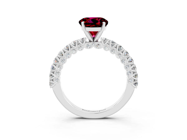 White gold Round Cut Diamond Pavé Band Solitaire Ring with Prong Setting
