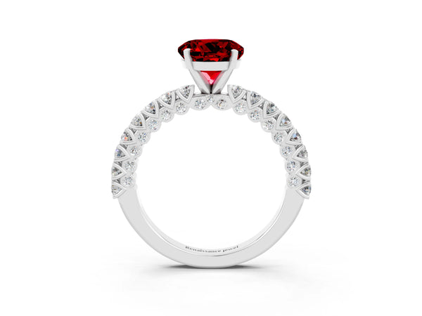 Silver Round Cut Diamond Pavé Band Solitaire Ring with Prong Setting