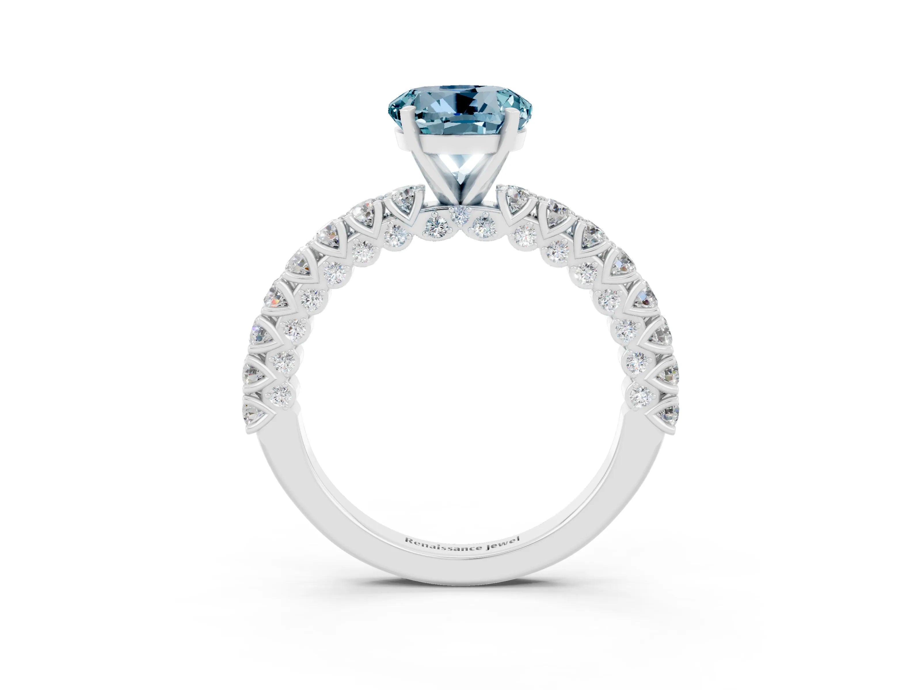White gold Round Cut Diamond Pavé Band Solitaire Ring with Prong Setting_3