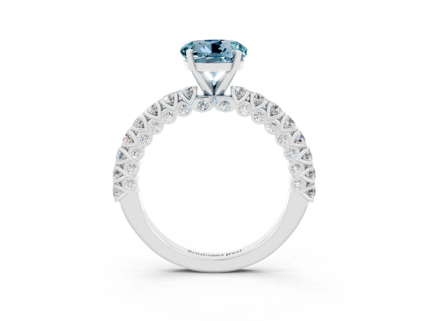 Silver Round Cut Diamond Pavé Band Solitaire Ring with Prong Setting