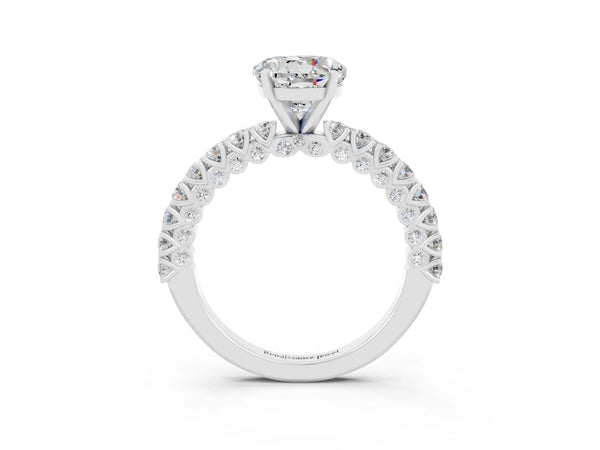 Silver Round Cut Diamond Pavé Band Solitaire Ring with Prong Setting