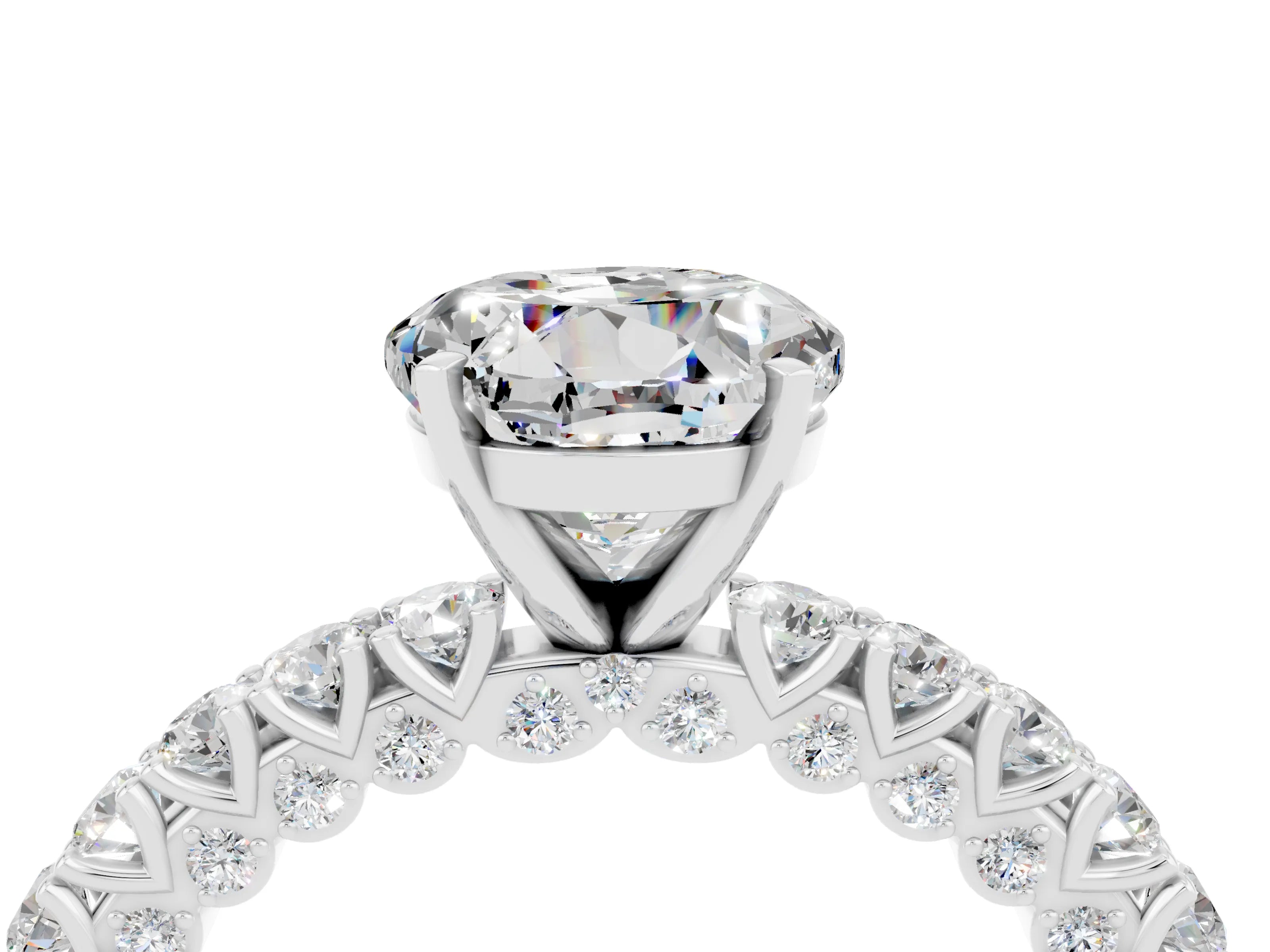 White gold Round Cut Diamond Pavé Band Solitaire Ring with Prong Setting_4