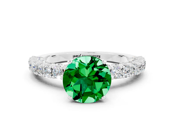 White gold Round Cut Diamond Pavé Band Solitaire Ring with Prong Setting