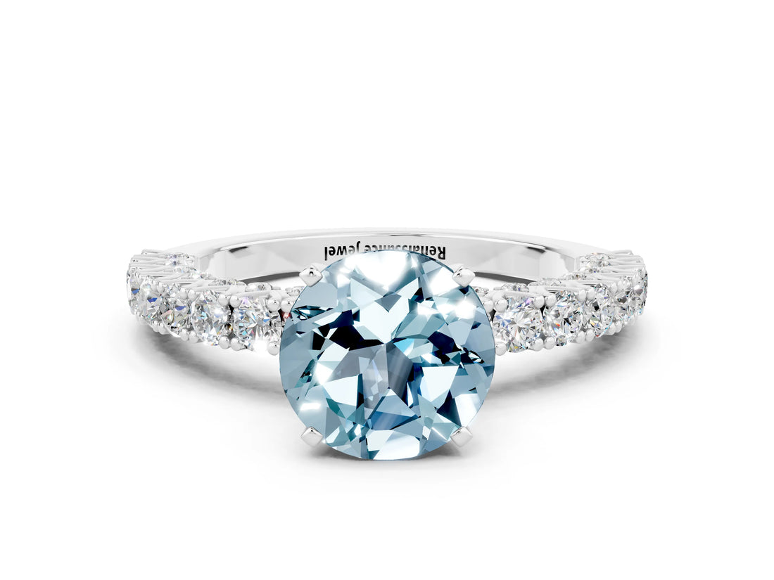 White gold Round Cut Diamond Pavé Band Solitaire Ring with Prong Setting