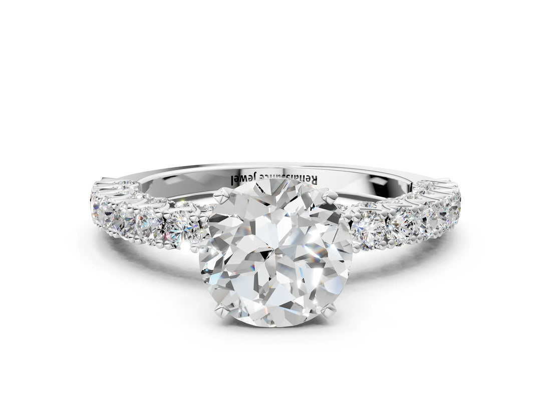 White gold Round Cut Diamond Pavé Band Solitaire Ring with Prong Setting_74