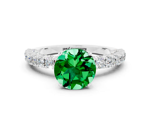 White gold Round Cut Diamond Pavé Band Solitaire Ring with Prong Setting