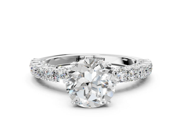White gold Round Cut Diamond Pavé Band Solitaire Ring with Prong Setting