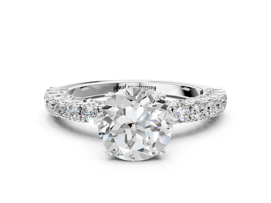 White gold Round Cut Diamond Pavé Band Solitaire Ring with Prong Setting