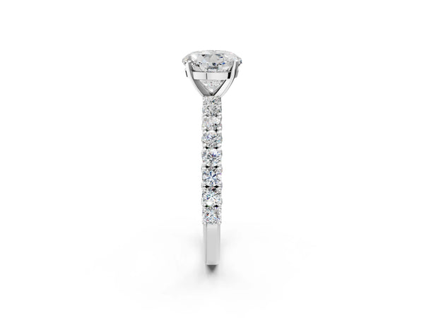 White gold Round Cut Diamond Pavé Band Solitaire Ring with Prong Setting