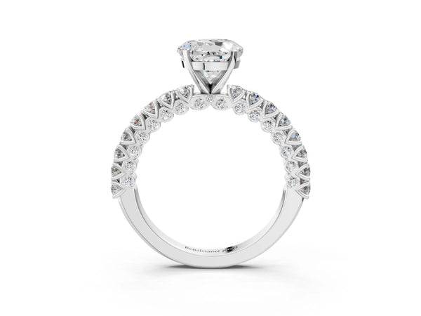 White gold Round Cut Diamond Pavé Band Solitaire Ring with Prong Setting