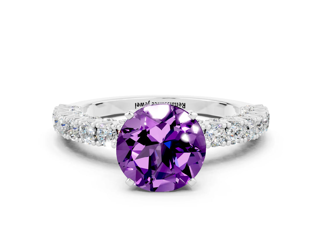 White gold Round Cut Diamond Pavé Band Solitaire Ring with Prong Setting
