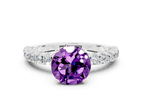 White gold Round Cut Diamond Pavé Band Solitaire Ring with Prong Setting