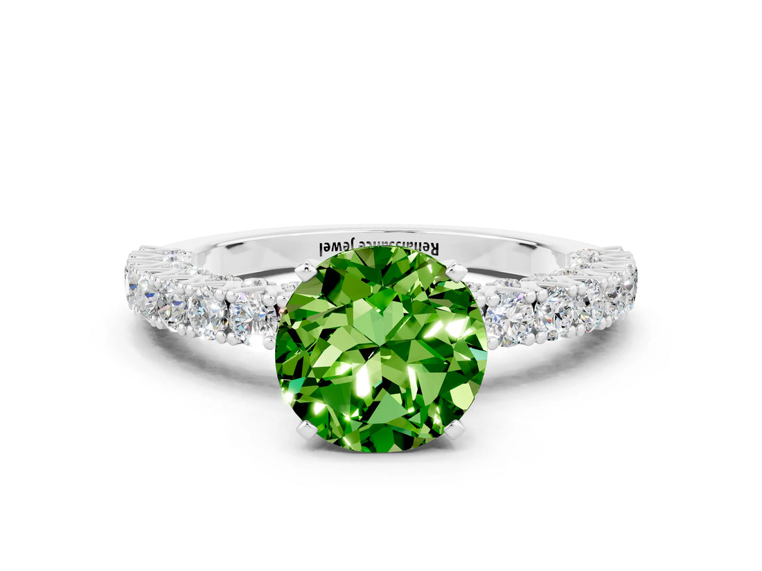 White gold Round Cut Diamond Pavé Band Solitaire Ring with Prong Setting