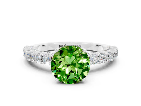 White gold Round Cut Diamond Pavé Band Solitaire Ring with Prong Setting