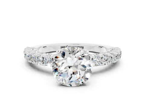 White gold Round Cut Diamond Pavé Band Solitaire Ring with Prong Setting