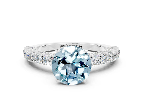 Silver Round Cut Diamond Pavé Band Solitaire Ring with Prong Setting