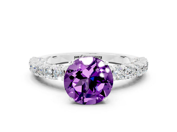 Silver Round Cut Amethyst Solitaire Ring with Round Accent Pavé Band and Prong Setting