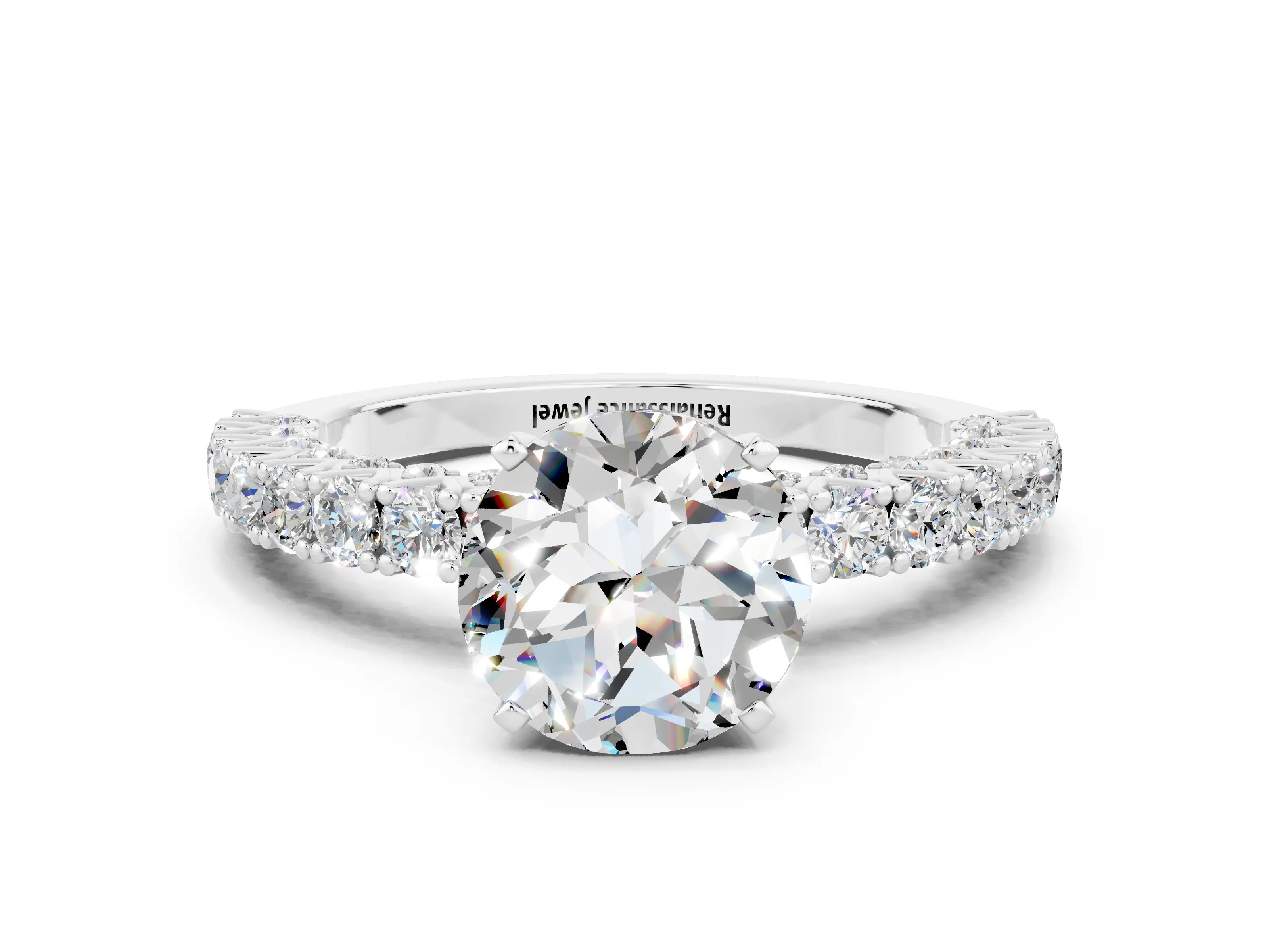 White gold Round Cut Diamond Pavé Band Solitaire Ring with Prong Setting