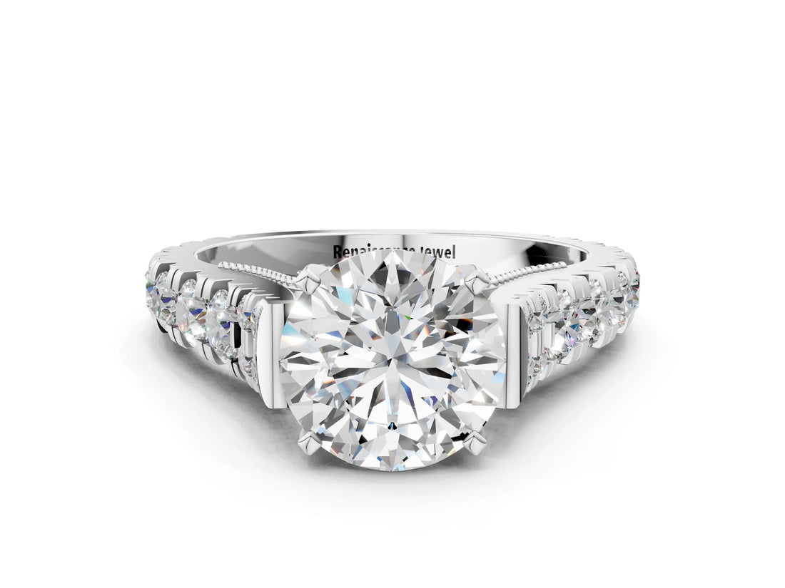 White gold Round Cut Diamond Pavé Band Solitaire with Four-Prong Setting_16
