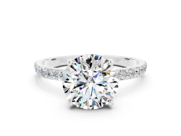 Platinum Round Cut Moissanite Solitaire Ring with Round Pavé Shoulders and Prong Setting