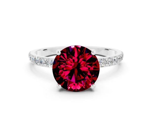 White gold Round Cut Garnet Solitaire Ring with Round Pavé Shoulders and Prong Setting