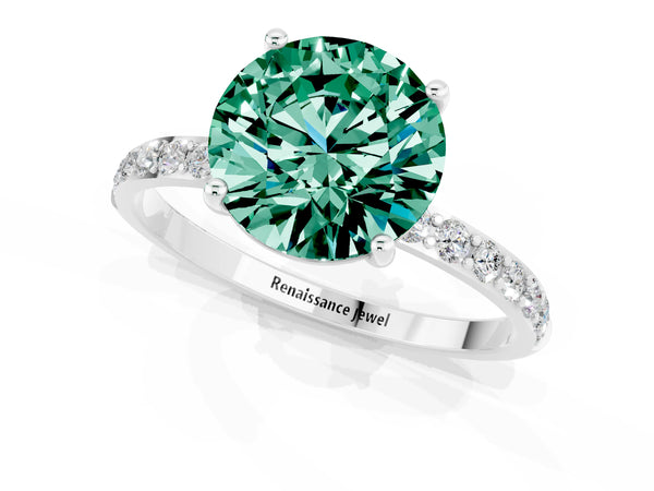 White gold Round Cut Green Sapphire Solitaire Ring with Round Pavé Shoulders and Prong Setting