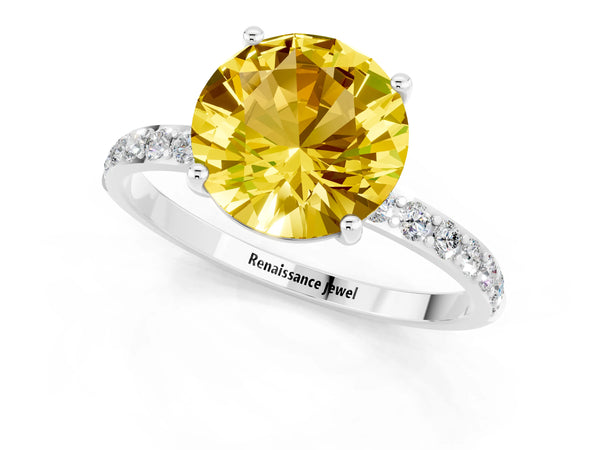 Silver Round Cut Yellow Sapphire Solitaire Ring with Round Pavé Shoulders and Prong Setting