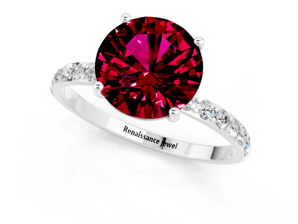 White gold Round Cut Garnet Solitaire Ring with Round Pavé Shoulders and Prong Setting