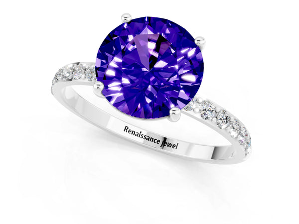 Platinum Round Cut Tanzanite Solitaire Ring with Round Pavé Shoulders and Prong Setting