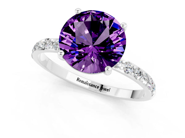 White gold Round Cut Amethyst Solitaire Ring with Round Pavé Shoulders and Prong Setting