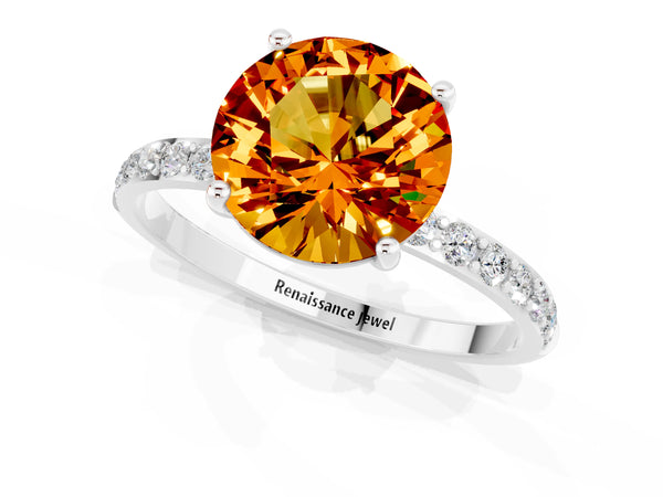 Platinum Round Cut Citrine Solitaire Ring with Round Pavé Shoulders and Prong Setting