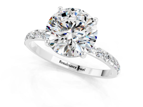Silver Round Cut Moissanite Solitaire Ring with Round Pavé Shoulders and Prong Setting