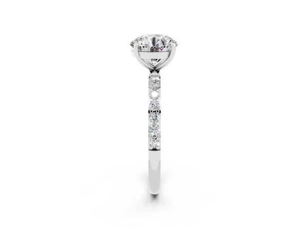Platinum Round Cut Moissanite Solitaire Ring with Round Pavé Shoulders and Prong Setting