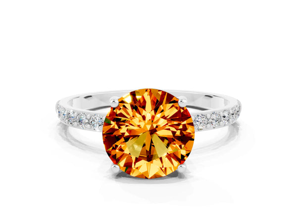 Platinum Round Cut Citrine Solitaire Ring with Round Pavé Shoulders and Prong Setting