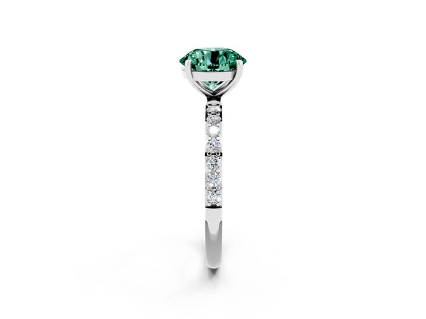 White gold Round Cut Green Sapphire Solitaire Ring with Round Pavé Shoulders and Prong Setting