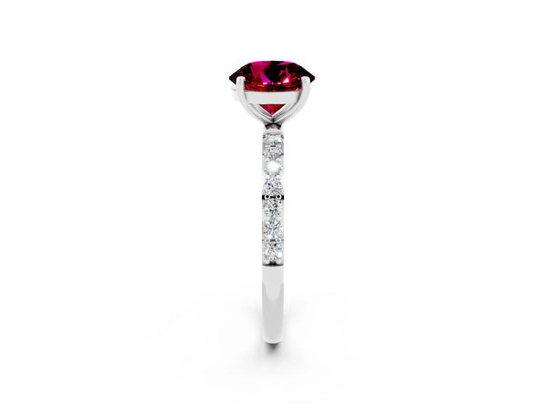 White gold Round Cut Garnet Solitaire Ring with Round Pavé Shoulders and Prong Setting